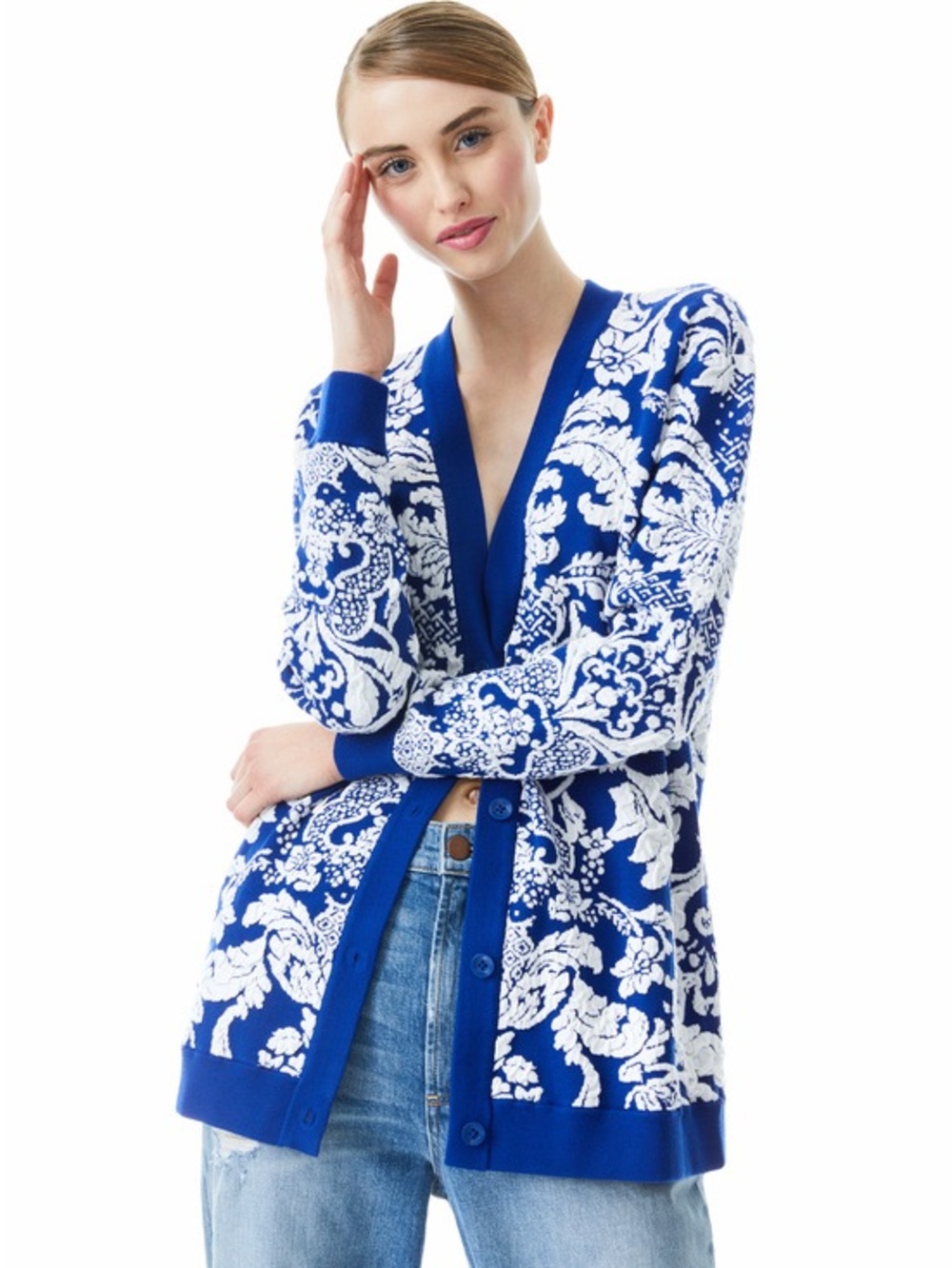 Alice + Olivia Royal Blue and White Bradford Paisley V-Neck Cardigan